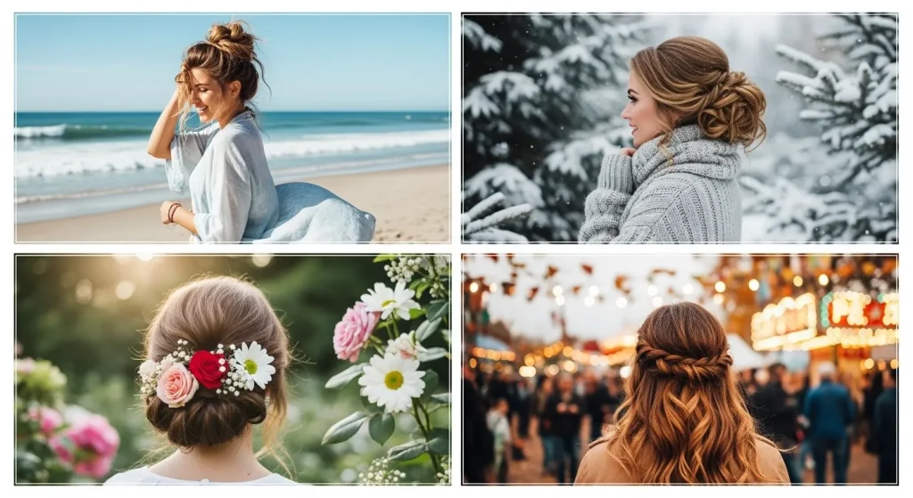 Summer half up half down hairstyle with beachy waves, Winter half up half down hairstyle with soft curls, Spring-inspired half up half down hairstyle with floral accents and Autumn half up half down hairstyle with waves.