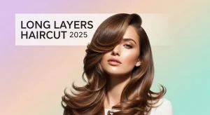 Long layers haircut 2025 with soft waves, glossy modern look.