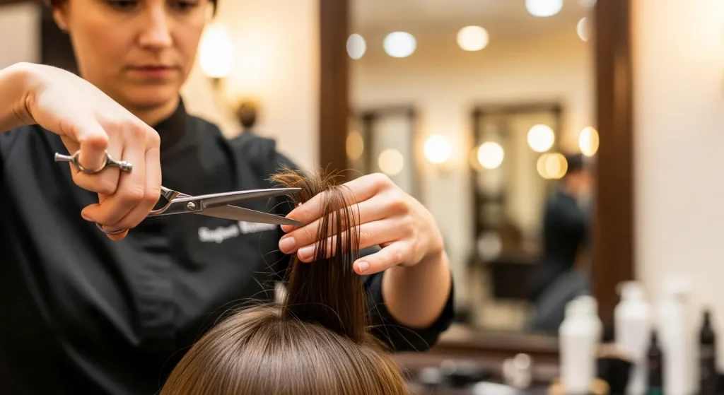 The Ultimate Guide to Long Layers Haircut 2025: Trends, Tips, and Tricks 4 Stylist cutting long layers in hair at a salon.