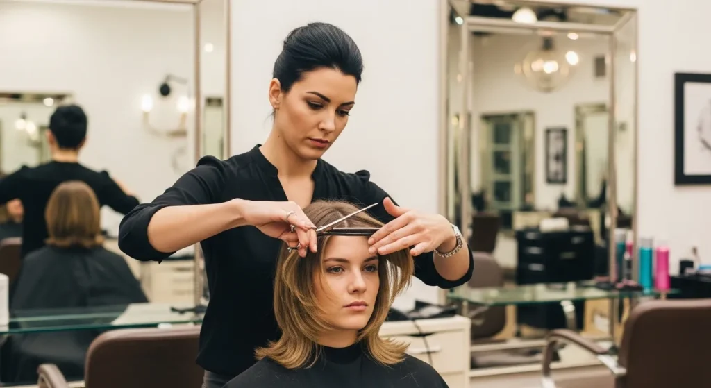 The Ultimate Guide to Face Framing Layers Hairstyles in 2025 9 Hair stylist cutting layers around face to create framing effect.