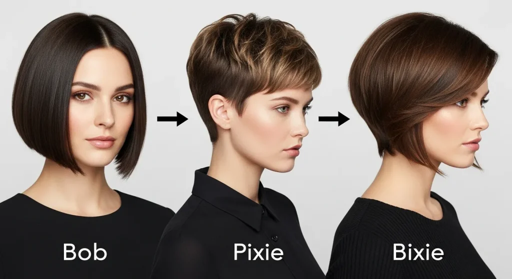 Comparison of bob, pixie, and bixie haircut showing the modern fusion look.