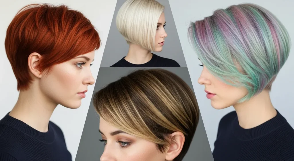 Bixie haircut 2025 styles with balayage, copper, platinum, and pastel colors.