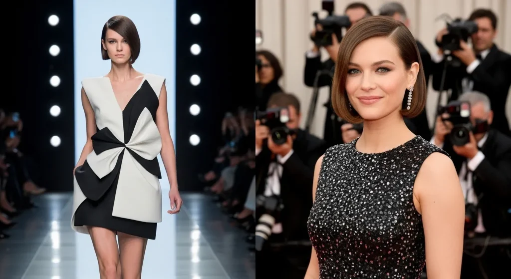 A runway model and a red carpet celebrity both styled with jawline bob haircut, showcasing how this hairstyle dominates fashion and celebrity trends.