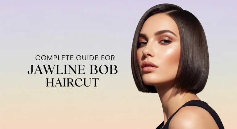 Model with a sleek jawline bob haircut in a modern minimal studio.