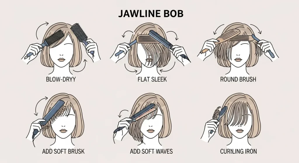 Step-by-step guide illustration of styling a jawline bob haircut.