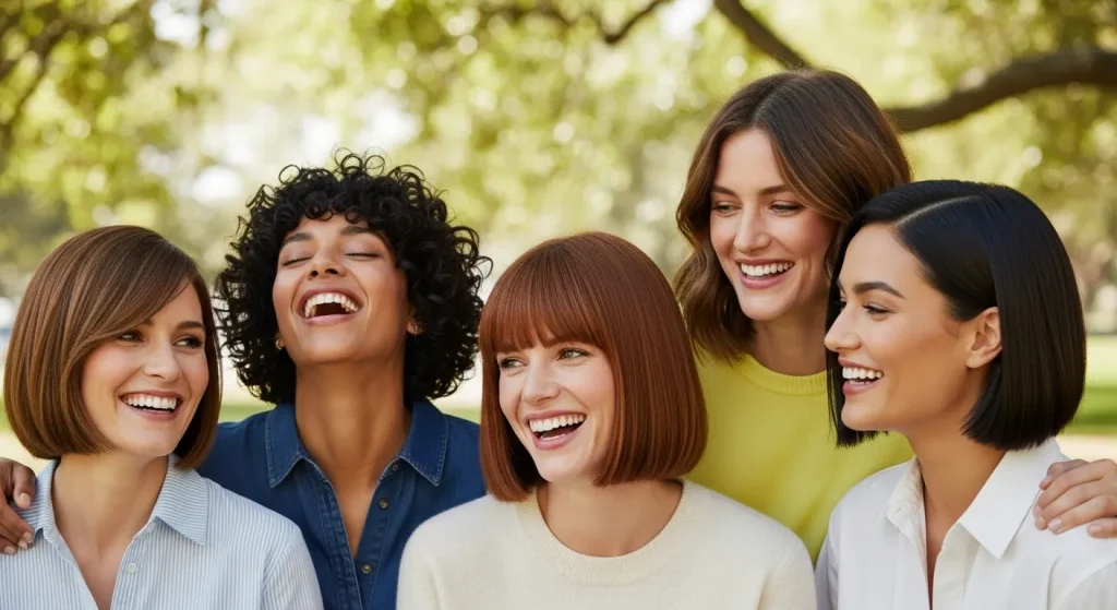 Group of women with different bob haircut styles smiling together outdoors.