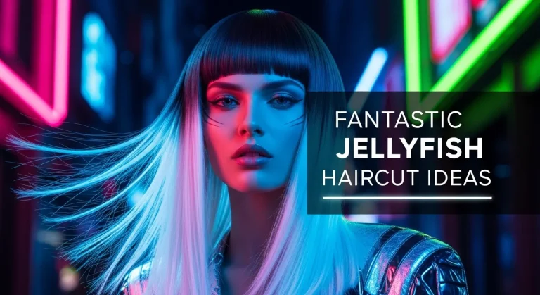 Best Jellyfish Haircut Looks for 2025: Edgy, Unique & Iconic 14 Futuristic editorial shot of a woman with jellyfish haircut 2025, two-tier layers with neon background.