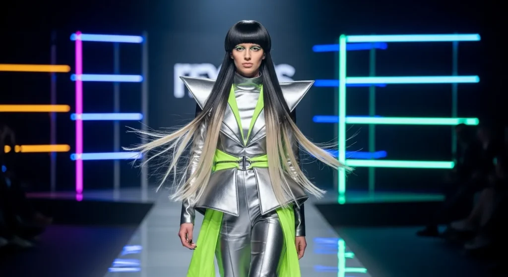 Best Jellyfish Haircut Looks for 2025: Edgy, Unique & Iconic 2 Model showcasing jellyfish haircut 2025 with short bob top and long sleek layers on a futuristic runway.