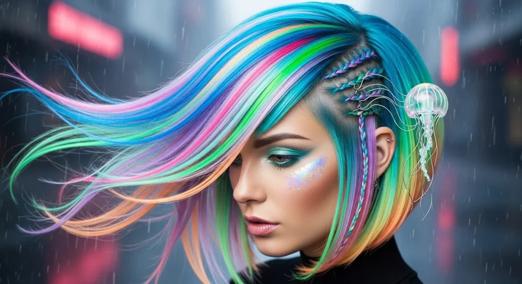 Best Jellyfish Haircut Looks for 2025: Edgy, Unique & Iconic 7 Colored jellyfish haircut 2025 with neon streaks.