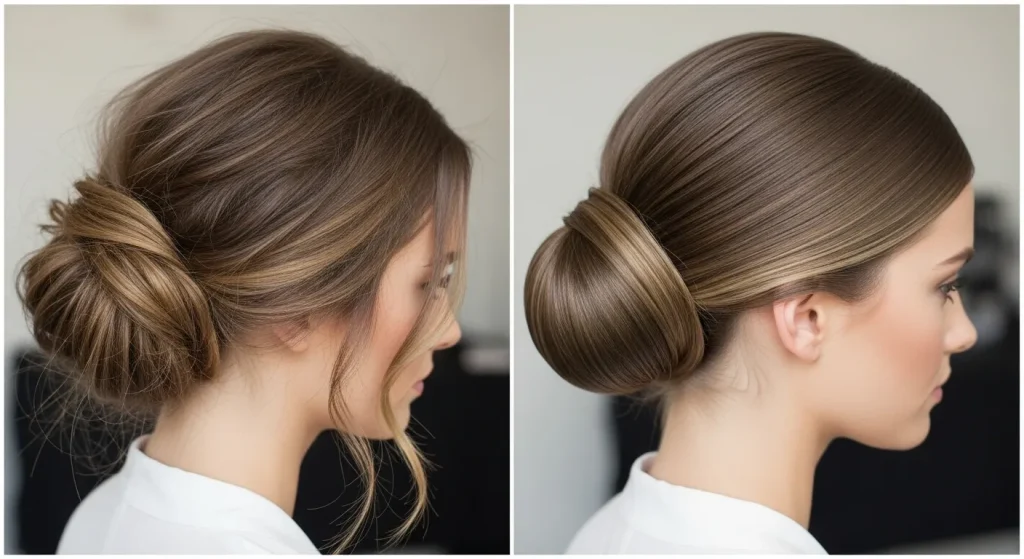 Comparison of classic low bun and messy low bun hairstyle.