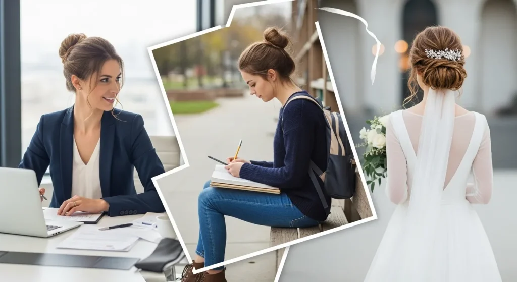 Versatile messy low bun hairstyle worn for work, school, and weddings.