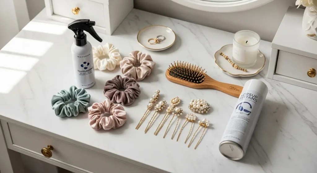 Essential products and accessories for styling a messy low bun.