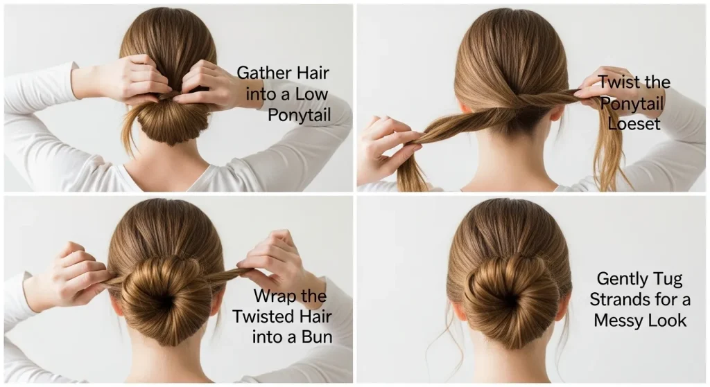 Step-by-step tutorial for creating a messy low bun hairstyle.