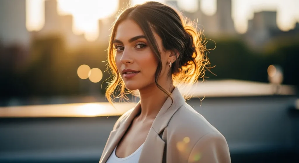 Hero image of woman wearing messy low bun hairstyle with effortless elegance.