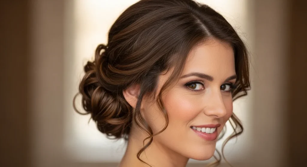 Low bun with loose curls for a chic, romantic hairstyle.