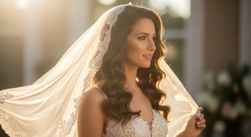 26+ Romantic Curls Hairstyles for 2025 You’ll Fall in Love With 8 Classic bridal hairstyle with loose romantic curls and veil.