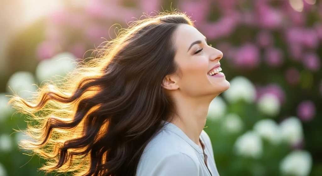 Woman with romantic curls outdoors, styled naturally with elegance.