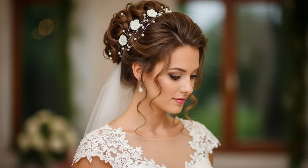 26+ Romantic Curls Hairstyles for 2025 You’ll Fall in Love With 9 Romantic updo with curls styled for a wedding.