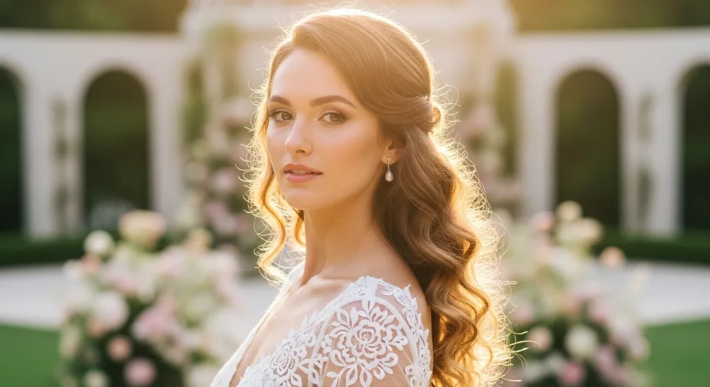 Hero image of a woman with romantic curls hairstyles half-up in an elegant garden setting.