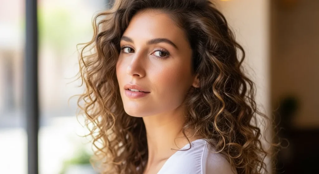 26+ Romantic Curls Hairstyles for 2025 You’ll Fall in Love With 6 Casual look of a woman with loose curls styled with volume, minimal makeup.