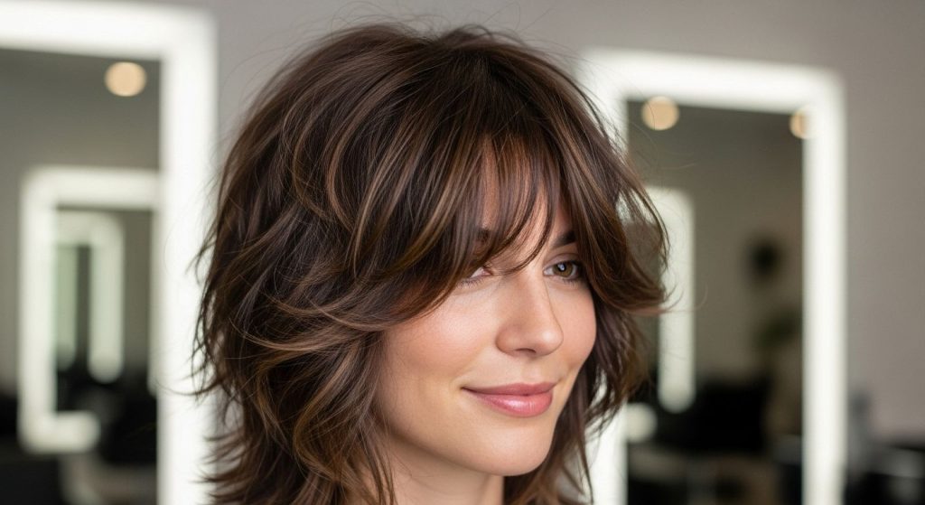 Best Shag Haircut for Women Ideas 2025: Modern Looks 3 Close-up of a woman with a classic shag haircut showing layered texture and waves.