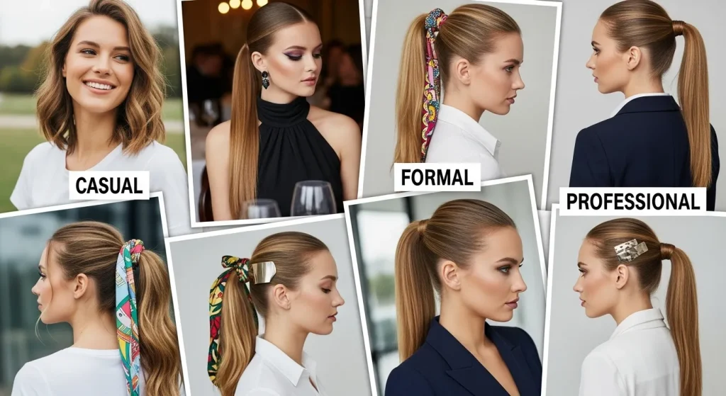 Different women with sleek high ponytails in casual and formal settings."