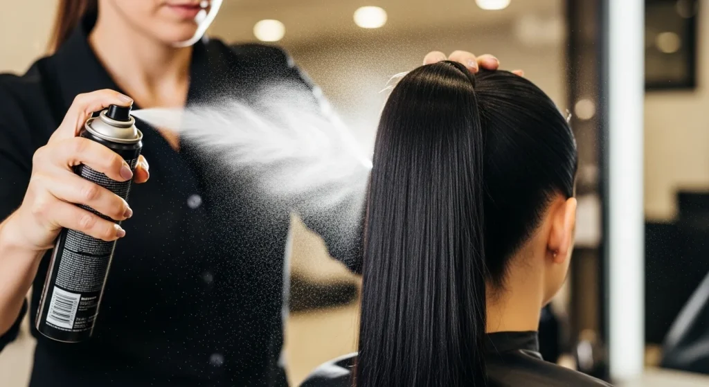 Hairspray applied to sleek high ponytail for hold and gloss."