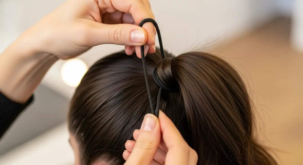 Sleek high ponytail being secured with an elastic band."
