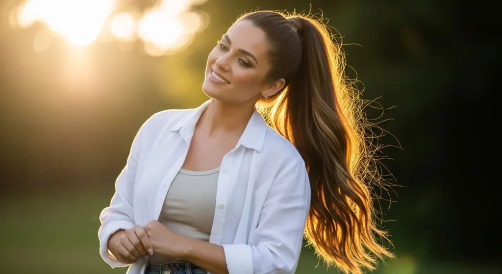 Woman with sleek high ponytail enjoying casual outdoor moment."