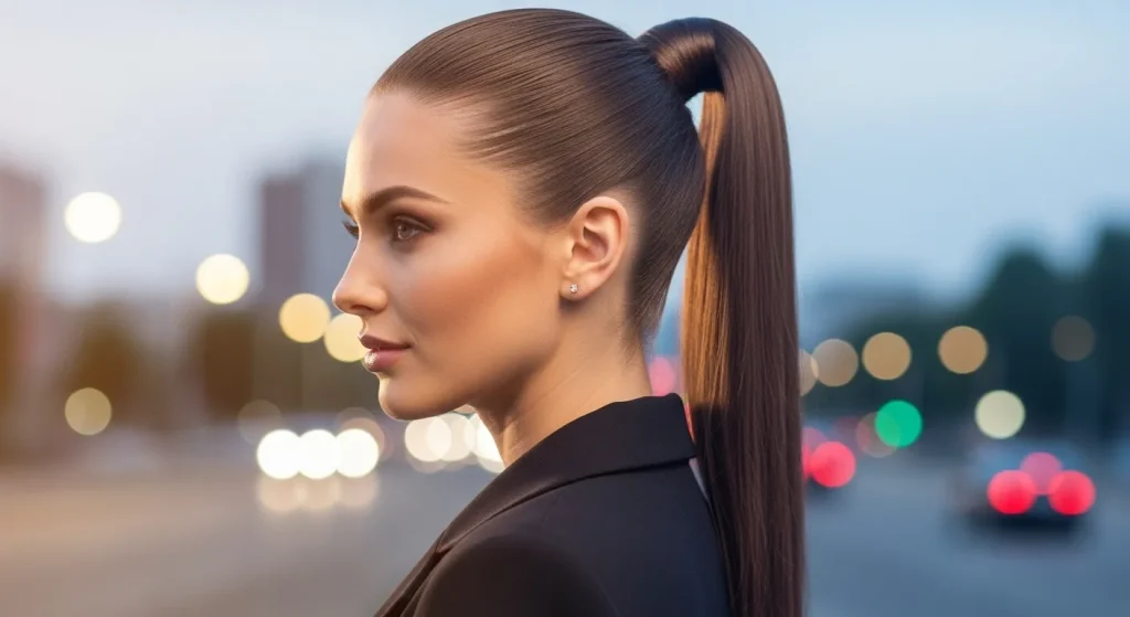 Close-up of sleek high ponytail hairstyles styled high at the crown."