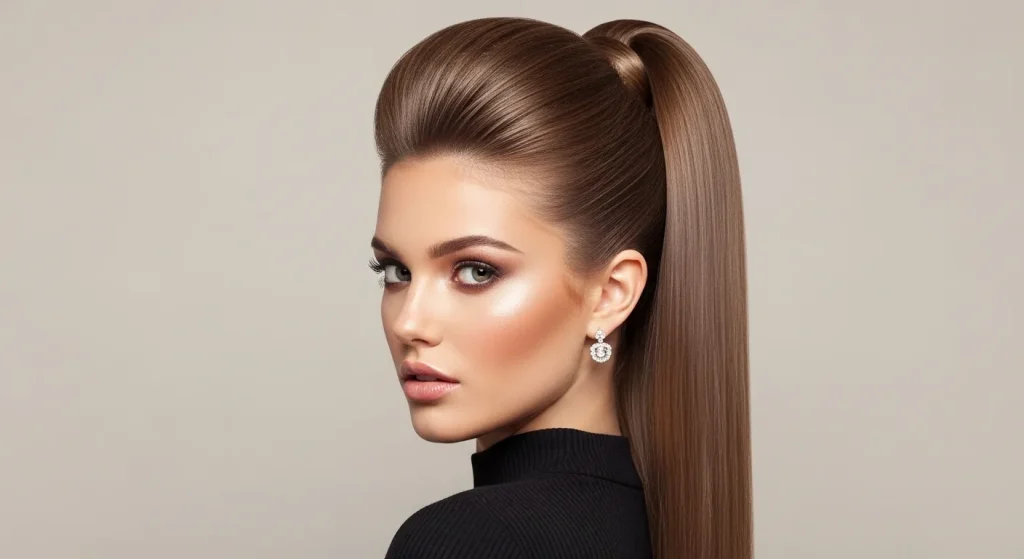Glossy sleek high ponytail hairstyles pulled tight at the crown."