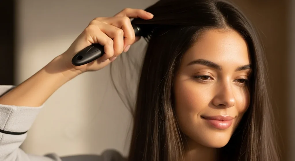 Woman brushing hair back smoothly for sleek high ponytail."