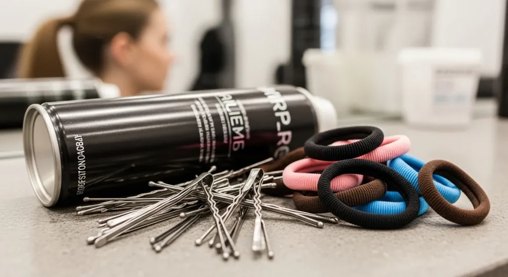 Tools like bobby pins and hairspray to secure sleek high ponytail."