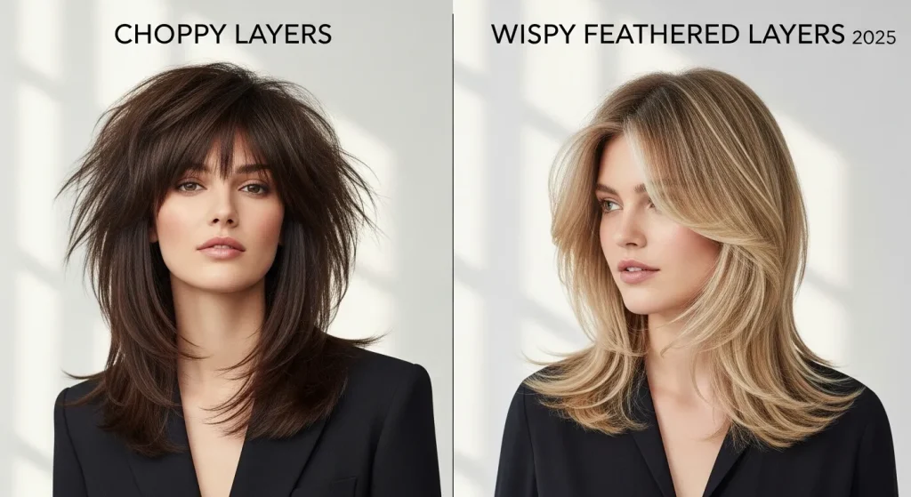 Top Wispy Layered Haircut Trends for 2025: Chic & Effortless 3 “Comparison of traditional layers vs. wispy layered haircut 2025.”