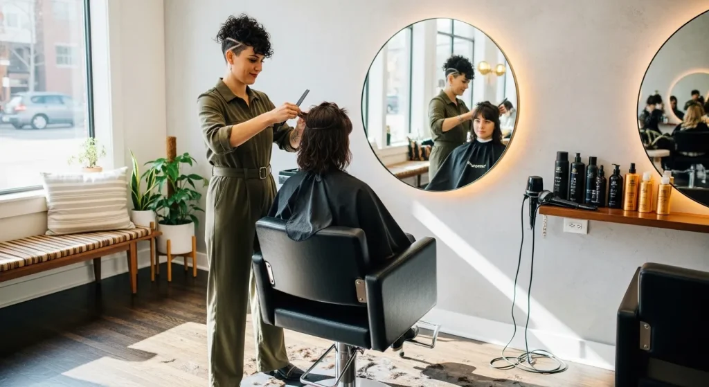 Hair stylist giving a client the wolf cut hairstyle 2025 in salon
