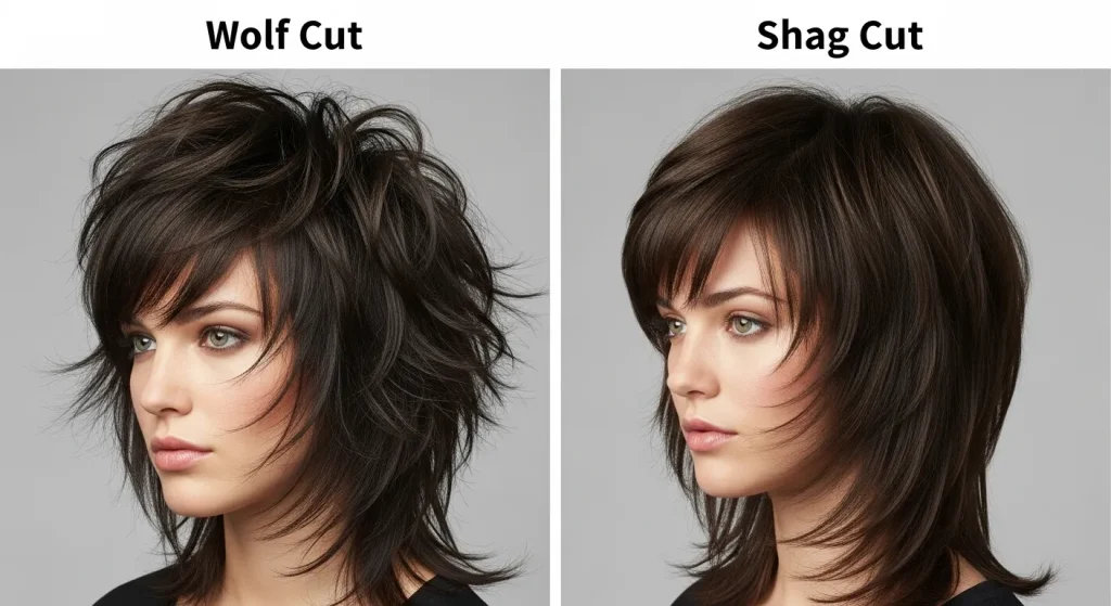 Comparison of wolf cut hairstyle 2025 and shag haircut”