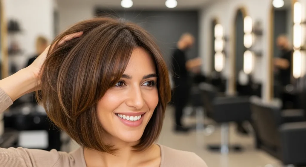 Best Blunt Haircut with Layers Styles Defining 2025 Trends 9 “Woman with freshly styled blunt layered haircut smiling confidently.”