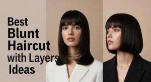 “Woman with sleek blunt haircut and soft layers trending 2025 hairstyle.”