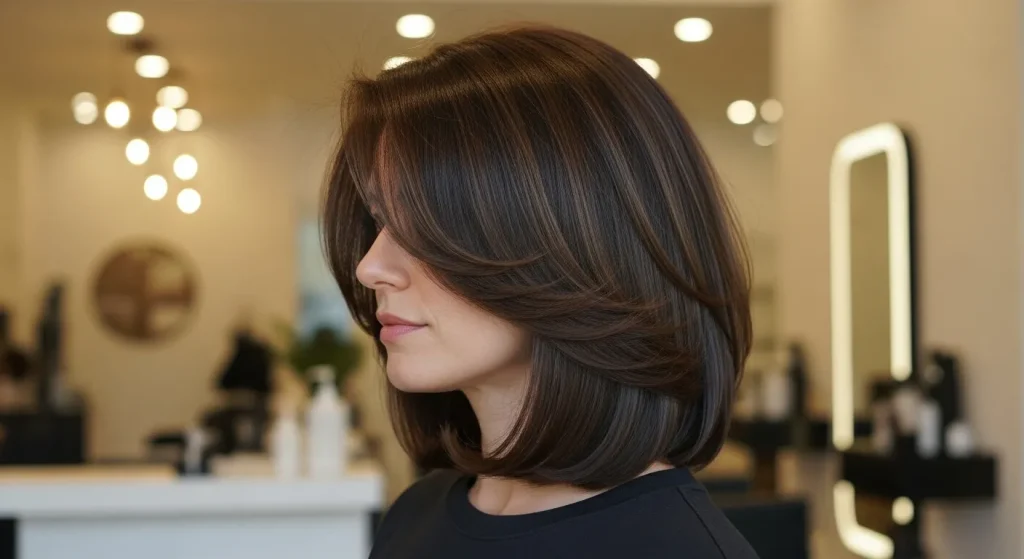 Best Blunt Haircut with Layers Styles Defining 2025 Trends 2 “Medium-length Blunt Haircut with Layers showcased in a modern salon setting.”