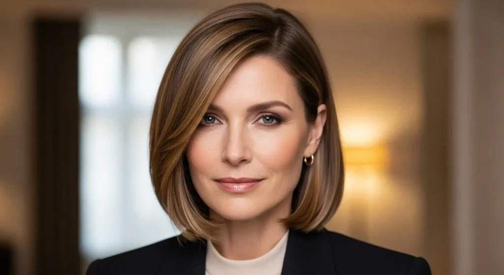 Best Blunt Haircut with Layers Styles Defining 2025 Trends 7 “Woman over 40 with shoulder-length blunt layered haircut.”