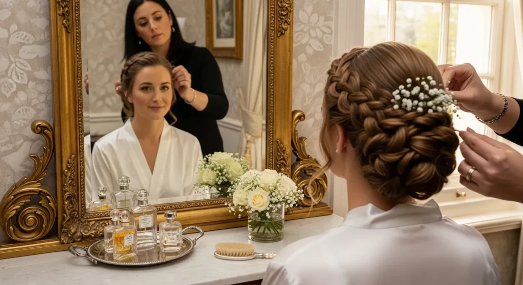 30+ Best Braided Wedding Updo Hairstyle for Modern & Classic Brides 4 Bride getting a braided wedding updo styled by professional hairstylist on wedding morning.