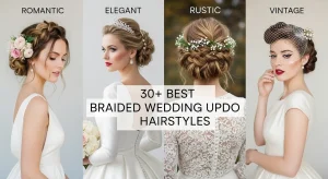 collage of Brides with elegant braided wedding updo hairstyle and floral accents, perfect for a romantic wedding look.