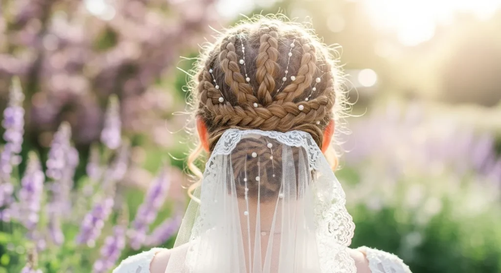 30+ Best Braided Wedding Updo Hairstyle for Modern & Classic Brides 2 Elegant braided wedding updo hairstyle seen from behind with pearls and veil in soft natural light.