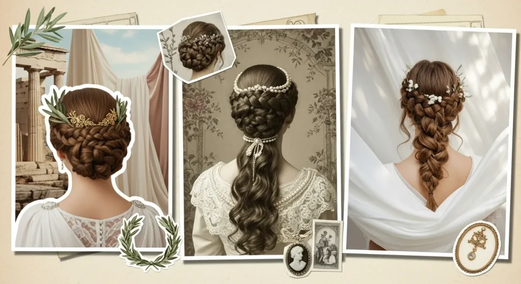 30+ Best Braided Wedding Updo Hairstyle for Modern & Classic Brides 3 Collage showing the evolution of braided wedding hairstyles from ancient to modern times.