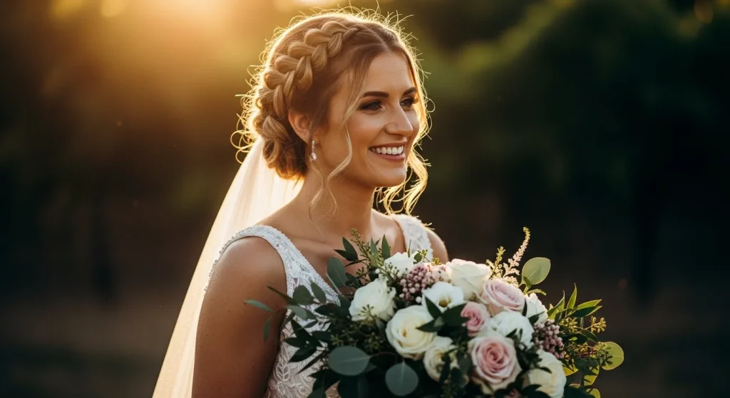 30+ Best Braided Wedding Updo Hairstyle for Modern & Classic Brides 11 Bride with braided wedding updo smiling outdoors on her wedding day.