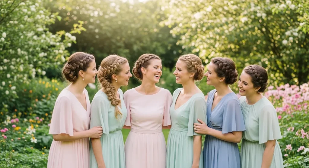 30+ Best Braided Wedding Updo Hairstyle for Modern & Classic Brides 9 Bridesmaids wearing complementary braided updo hairstyles at a garden wedding.