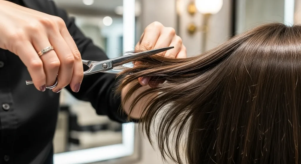 Top Choppy Layered Bob Haircut You Need to Try This Year 3 Hairstylist cutting choppy layered bob haircut showing layered texture and volume.