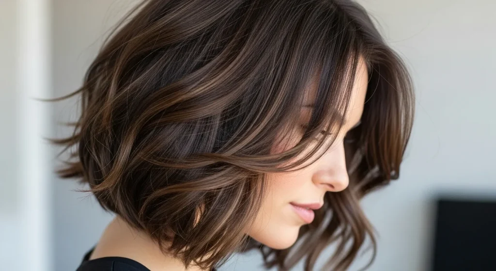 Top Choppy Layered Bob Haircut You Need to Try This Year 2 Side view of woman with choppy layered bob haircut showing layered texture and modern style.