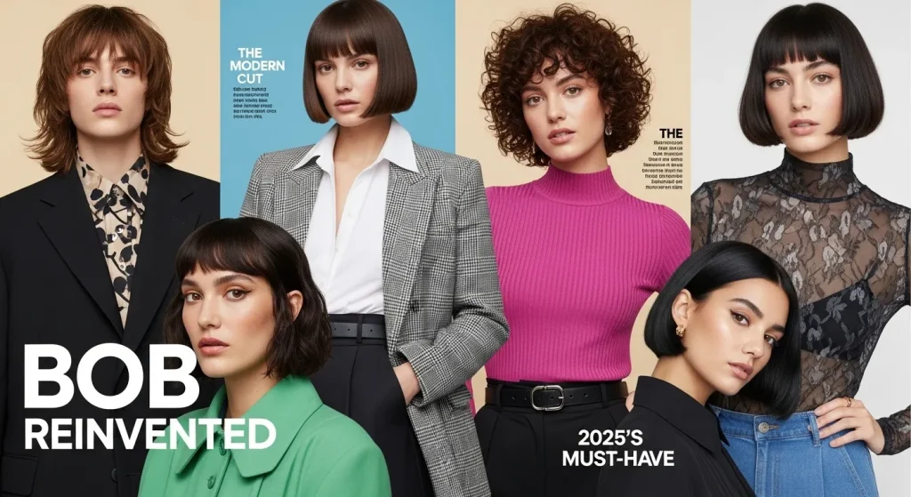 Top Choppy Layered Bob Haircut You Need to Try This Year 6 Collage of trendy women with choppy layered bob hairstyles showcasing 2025’s top haircut trend.