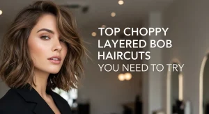 Woman with choppy layered bob haircut 2025 showing tousled texture and soft layers.
